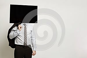 ÃÂ¡ollage of male with TV instead head on white background photo